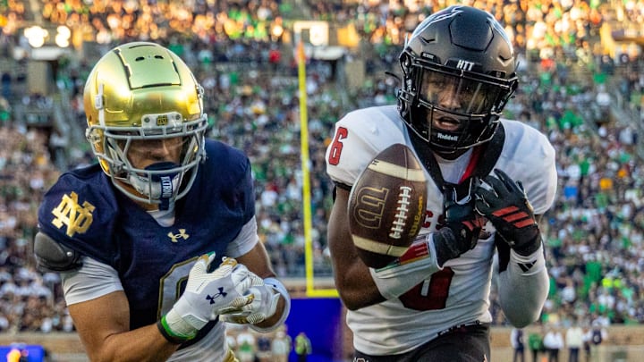 Oct 11, 2025; South Bend, Indiana, USA; NC State Wolfpack defensive back Devon Marshall (6) breaks up a pass intended for Notre Dame Fighting Irish wide receiver Jordan Faison (6) during the second half at Notre Dame Stadium. Mandatory Credit: Michael Caterina-Imagn Images Oct 11, 2025; South Bend, Indiana, USA; NC State Wolfpack defensive back Devon Marshall (6) breaks up a pass intended for Notre Dame Fighting Irish wide receiver Jordan Faison (6) during the second half at Notre Dame Stadium. Mandatory Credit: Michael Caterina-Imagn Images