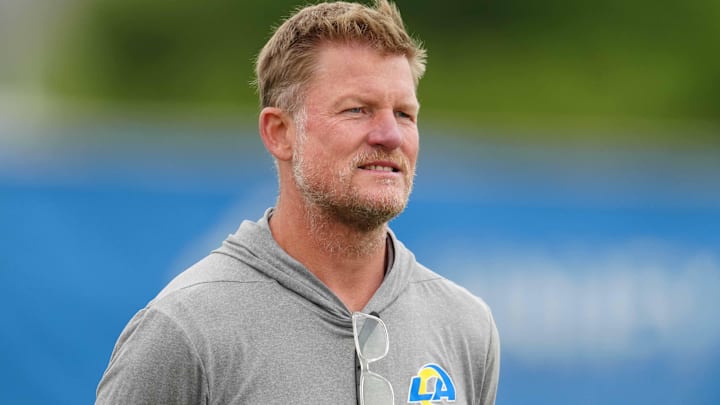May 23, 2023, Thousand Oaks, CA, USA; Los Angeles Rams general manager Les Snead during organized team activities at Cal Lutheran. Mandatory Credit: Kirby Lee-Imagn Images