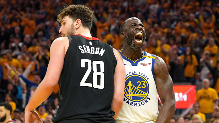 Apr 26, 2025; San Francisco, California, USA; Golden State Warriors forward Draymond Green (23) reacts after forcing a turnover by Houston Rockets center Alperen Sengun (28) during the fourth quarter of game three of first round for the 2024 NBA Playoffs at Chase Center. Mandatory Credit: Darren Yamashita-Imagn Images Apr 26, 2025; San Francisco, California, USA; Golden State Warriors forward Draymond Green (23) reacts after forcing a turnover by Houston Rockets center Alperen Sengun (28) during the fourth quarter of game three of first round for the 2024 NBA Playoffs at Chase Center. Mandatory Credit: Darren Yamashita-Imagn Images