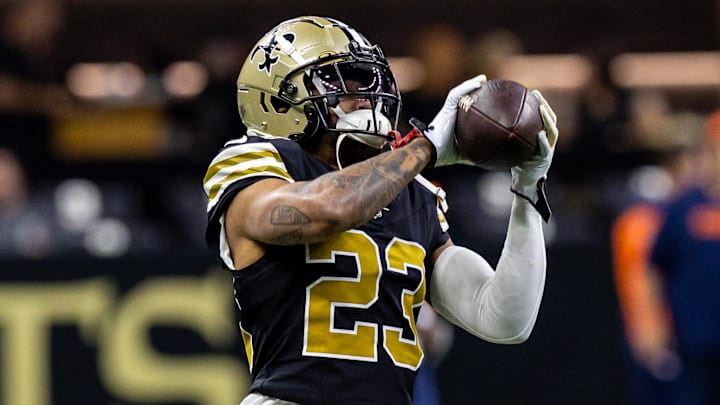Oct 17, 2024; New Orleans, Louisiana, USA;  New Orleans Saints cornerback Marshon Lattimore (23) during the warmups before the game against the Denver Broncos at Caesars Superdome. Mandatory Credit: Stephen Lew-Imagn Images