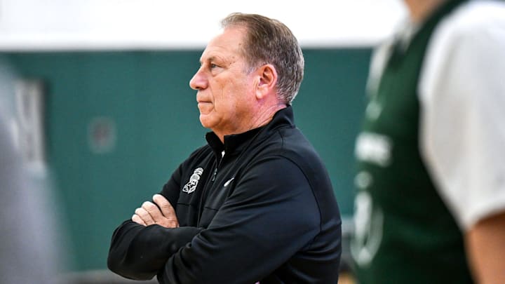 Michigan State's head coach Tom Izzo looks on at practice during men's basketball media day on Thursday, Oct. 17, 2024, at the Breslin Center in East Lansing.
