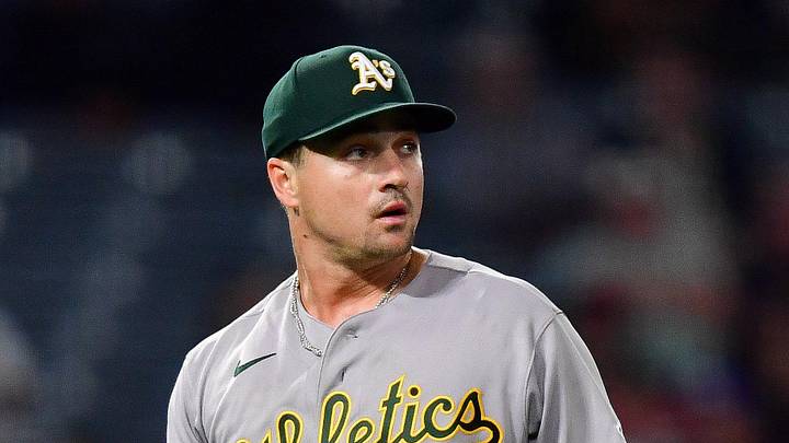 May 18, 2026; Anaheim, California, USA; Athletics pitcher J.T. Ginn (35) reacts after striking out Los Angeles Angels third baseman Yoan Moncada (10) to end the seventh inning at Angel Stadium. Mandatory Credit: Gary A. Vasquez-Imagn Images