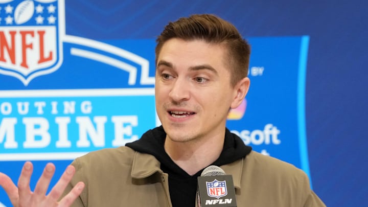 Feb 25, 2025; Indianapolis, IN, USA; Jacksonville Jaguars general manger James Gladstone speaks during the NFL Scouting Combine at the Indiana Convention Center. Mandatory Credit: Kirby Lee-Imagn Images