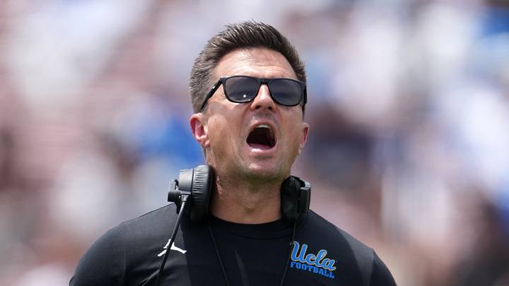 May 2, 2026; Pasadena, CA, USA; UCLA Bruins coach Bob Chesney reacts during the spring game at Rose Bowl. Mandatory Credit: Kirby Lee-Imagn Images