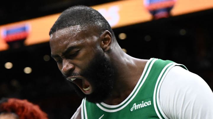Apr 21, 2026; Boston, Massachusetts, USA; Boston Celtics guard Jaylen Brown (7) reacts after being folded by Philadelphia 76ers guard Kelly Oubre Jr. (9) in the second half of a game two of the first round of the 2026 NBA Playoffs at TD Garden. Mandatory Credit: Brian Fluharty-Imagn Images