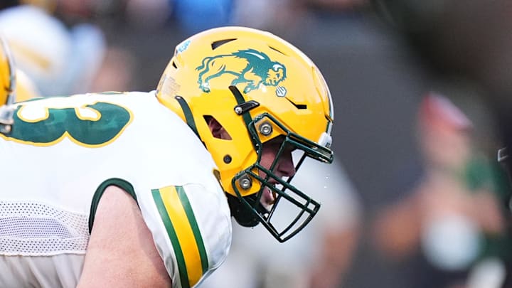 Aug 29, 2024; Boulder, Colorado, USA; North Dakota State Bison center Trent Fraley (63) hikes the ball in the first half against the Colorado Buffaloes at Folsom Field. Aug 29, 2024; Boulder, Colorado, USA; North Dakota State Bison center Trent Fraley (63) hikes the ball in the first half against the Colorado Buffaloes at Folsom Field.