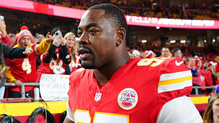 Oct 27, 2025; Kansas City, Missouri, USA; Kansas City Chiefs defensive end Chris Jones (95) walks off the field after warmups prior to the game against the Washington Commanders at GEHA Field at Arrowhead Stadium. Mandatory Credit: Denny Medley-Imagn Images