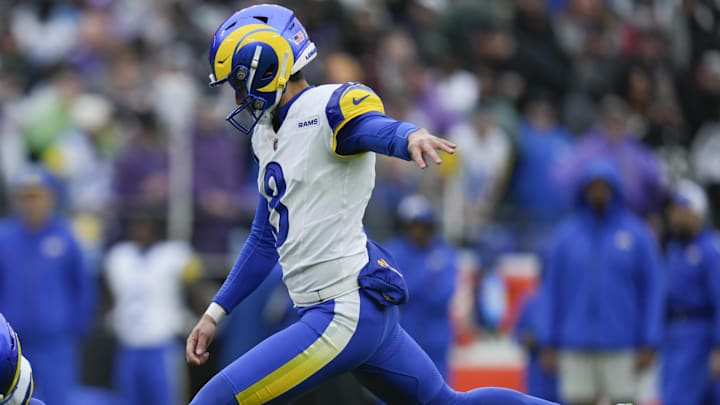 Dec 10, 2023; Baltimore, Maryland, USA;  Los Angeles Rams place kicker Lucas Havrisik (8) kicks against the Baltimore Ravens during the first quarter at M&T Bank Stadium. Mandatory Credit: Jessica Rapfogel-USA TODAY Sports