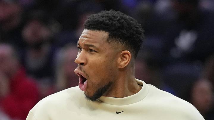 Milwaukee Bucks forward Giannis Antetokounmpo reacts during the game against the Philadelphia 76ers at Xfinity Mobile Arena on April 12, 2026.