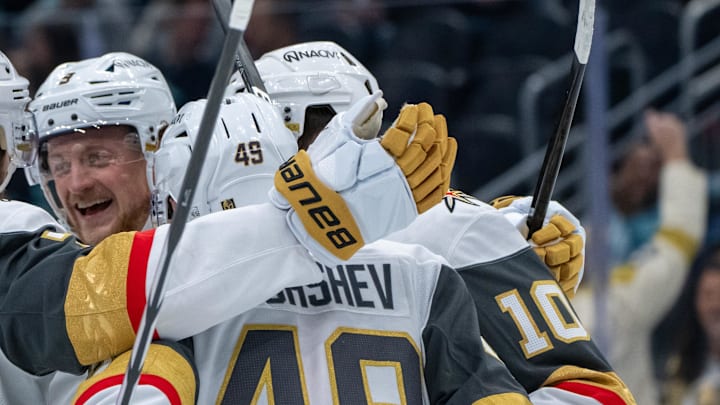 Nov 8, 2024; Seattle, Washington, USA;  Vegas Golden Knights including forward Jack Eichel (9), third from right, forward Keegan Kolesar (55), left, defenseman Alex Pietrangelo (7), forward Ivan Barbashev (49) and forward Nicolas Roy (10) celebrate a gold 1p against the Seattle Kraken at Climate Pledge Arena. Mandatory Credit: Stephen Brashear-Imagn Images