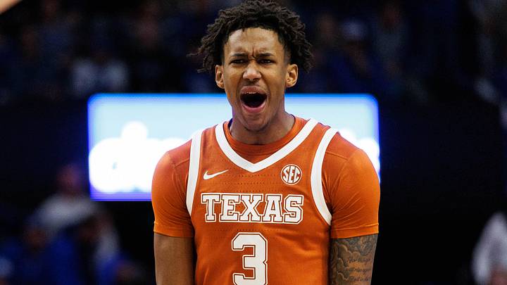 Jan 21, 2026; Lexington, Kentucky, USA; Texas Longhorns forward Dailyn Swain (3) celebrates after center Matas Vokietaitis (8) scores a basket during the first half against the Kentucky Wildcats at Rupp Arena at Central Bank Center. Mandatory Credit: Jordan Prather-Imagn Images