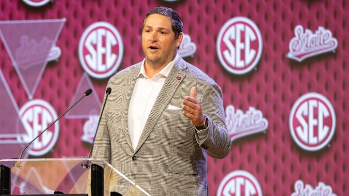 Mississippi State head coach Jeff Lebby speaking at Omni Dallas Hotel.