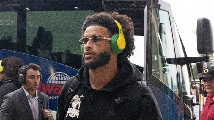 Oregon quarterback Dante Moore arrives at the stadium as the Oregon Ducks face the Penn State Nittany Lions on Sept. 27, 2025, at Beaver Stadium in University Park, Pennsylvania.