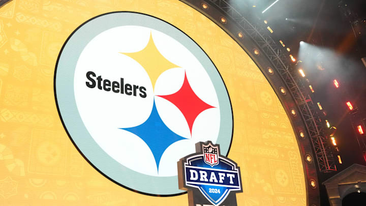 Apr 25, 2024; Detroit, MI, USA; A Pittsburgh Steelers logo during the 2024 NFL Draft at Campus Martius Park and Hart Plaza. Mandatory Credit: Kirby Lee-Imagn Images
