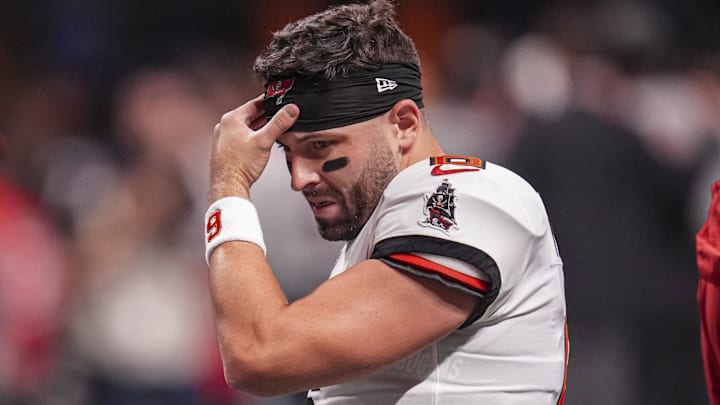 Oct 3, 2024; Atlanta, Georgia, USA; Tampa Bay Buccaneers quarterback Baker Mayfield (6) shown on the field prior to the game Atlanta Falcons at Mercedes-Benz Stadium. Mandatory Credit: Dale Zanine-Imagn Images