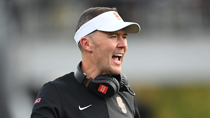 Sep 13, 2025; West Lafayette, Indiana, USA; Southern California Trojans head coach Lincoln Riley reacts during the first quarter against the Purdue Boilermakers at Ross-Ade Stadium. Mandatory Credit: Marc Lebryk-Imagn Images
