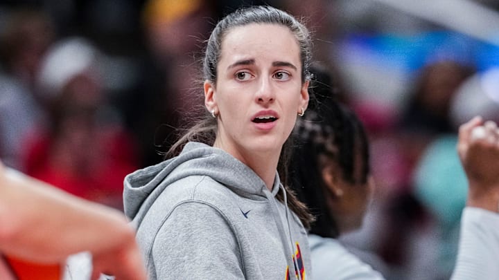 Indiana Fever Caitlin Clark (22) reacts to a call Saturday, May 3, 2025, during a preseason game between the Indiana Fever and the Washington Mystics at Gainbridge Fieldhouse in Indianapolis.