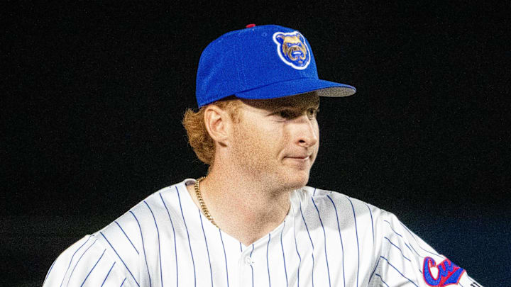 Iowa Cubs' Owen Caissie (17) makes his way to the dugout on Friday, March 28, 2025, at Principal Park in Des Moines.