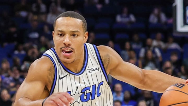 Orlando Magic guard Desmond Bane drives around New Orleans Pelicans center Yves Missi. Orlando Magic guard Desmond Bane drives around New Orleans Pelicans center Yves Missi.