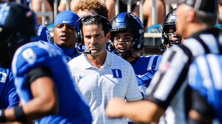 Oct 18, 2025; Durham, North Carolina, USA;  Duke Blue Devils head coach Manny Diaz looks on during the first half of the game against Georgia Tech Yellow Jackets at Wallace Wade Stadium. Mandatory Credit: Jaylynn Nash-Imagn Images