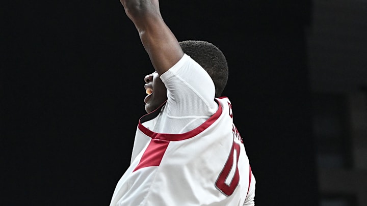 Nov 21, 2024; Spokane, Washington, USA; Washington State Cougars guard Cedric Coward (0) dunks the ball against the Eastern Washington Eagles in the second half at Spokane Veterans Memorial Arena. Washington State Cougars won 96-81. Mandatory Credit: James Snook-Imagn Images