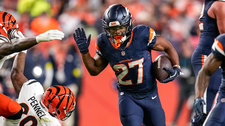 Denver Broncos running back J.K. Dobbins (27) runs the ball in the second quarter of the NFL Week 4 Monday Night Football game between the Denver Broncos and the Cincinnati Bengals at Empower Field at Mile High in Denver on Monday, Sept. 29, 2025. Denver Broncos running back J.K. Dobbins (27) runs the ball in the second quarter of the NFL Week 4 Monday Night Football game between the Denver Broncos and the Cincinnati Bengals at Empower Field at Mile High in Denver on Monday, Sept. 29, 2025.