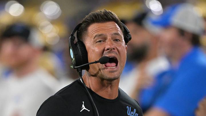 Oct 17, 2026; Pasadena, California, USA;  UCLA Bruins head coach Bob Chesney on the sidelines in the second half against the Wisconsin Badgers at the Rose Bowl. Mandatory Credit: Jayne Kamin-Oncea-Imagn Images