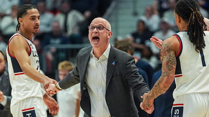 Feb 25, 2026; Hartford, Connecticut, USA; UConn Huskies head coach Dan Hurley reacts during a break as they take on the St. John's Red Storm at PeoplesBank Arena. Mandatory Credit: David Butler II-Imagn Images