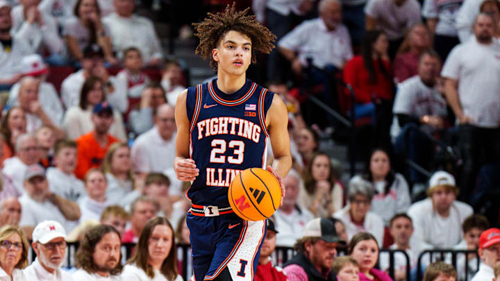 Feb 1, 2026; Lincoln, Nebraska, USA; Illinois Fighting Illini guard Keaton Wagler (23) dribbles during the second half against the Nebraska Cornhuskers at Pinnacle Bank Arena. Mandatory Credit: Dylan Widger-Imagn Images