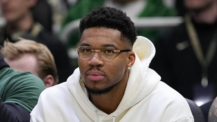 Milwaukee Bucks forward Giannis Antetokounmpo looks on from the bench during the first quarter against the New Orleans Pelicans at Fiserv Forum on Feb 4, 2026.