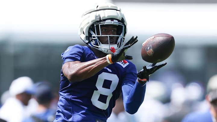 Jul 24, 2025; East Rutherford, NJ, USA; New York Giants wide receiver Beaux Collins (8) catches the ball during training camp at Quest Diagnostics Training Center. Mandatory Credit: Vincent Carchietta-Imagn Images