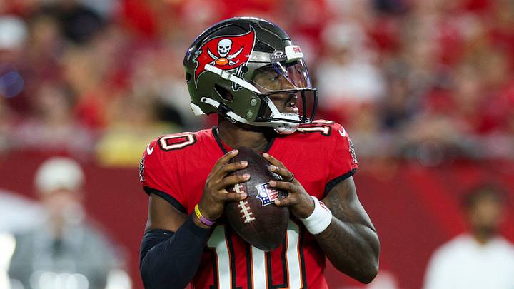 Aug 22, 2026; Tampa, Florida, USA; Tampa Bay Buccaneers quarterback Jalon Daniels (10) drops back to pass against the Kansas City Chiefs in the first quarter during a preseason game at Raymond James Stadium. Mandatory Credit: Nathan Ray Seebeck-Imagn Images Aug 22, 2026; Tampa, Florida, USA; Tampa Bay Buccaneers quarterback Jalon Daniels (10) drops back to pass against the Kansas City Chiefs in the first quarter during a preseason game at Raymond James Stadium. Mandatory Credit: Nathan Ray Seebeck-Imagn Images