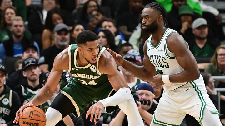 Nov 10, 2024; Milwaukee, Wisconsin, USA; Milwaukee Bucks forward Giannis Antetokounmpo (34) is guarded by Boston Celtics forward Jaylen Brown (7) in the fourth quarter at Fiserv Forum. Mandatory Credit: Benny Sieu-Imagn Images Nov 10, 2024; Milwaukee, Wisconsin, USA; Milwaukee Bucks forward Giannis Antetokounmpo (34) is guarded by Boston Celtics forward Jaylen Brown (7) in the fourth quarter at Fiserv Forum. Mandatory Credit: Benny Sieu-Imagn Images