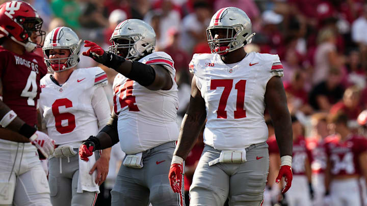 Sep 2, 2023; Bloomington, Indiana, USA; Ohio State Buckeyes offensive lineman Josh Simmons (71) lines up beside offensive lineman Donovan Jackson (74) during the NCAA football game at Indiana University Memorial Stadium. Ohio State won 23-3. Sep 2, 2023; Bloomington, Indiana, USA; Ohio State Buckeyes offensive lineman Josh Simmons (71) lines up beside offensive lineman Donovan Jackson (74) during the NCAA football game at Indiana University Memorial Stadium. Ohio State won 23-3.