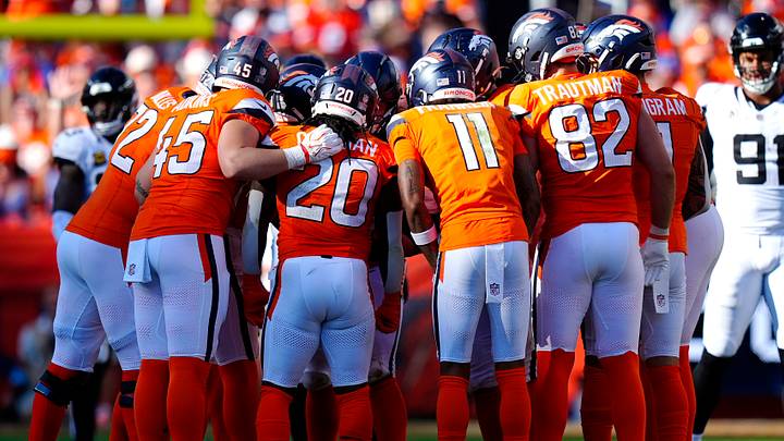 Sep 20, 2026; Denver, Colorado, USA; The Denver Broncos huddle up in the during the fourth quarter against the Jacksonville Jaguars at Empower Field at Mile High. Sep 20, 2026; Denver, Colorado, USA; The Denver Broncos huddle up in the during the fourth quarter against the Jacksonville Jaguars at Empower Field at Mile High.