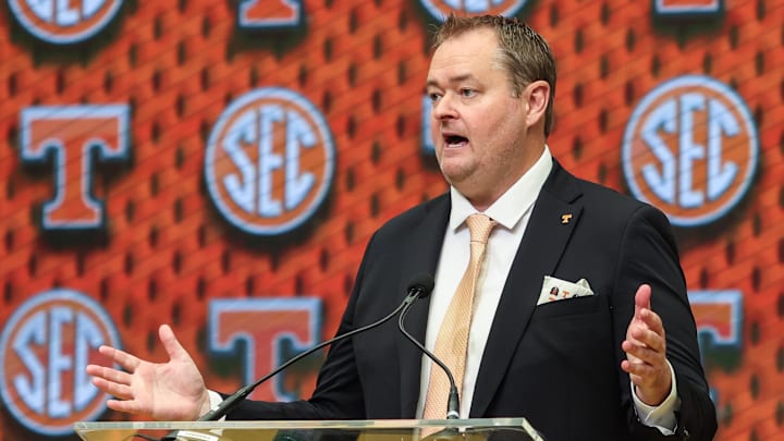 Jul 15, 2025; Atlanta, GA, USA; Tennessee Volunteers head coach Josh Heupel talks to the media during SEC Media Days at Omni Atlanta Hotel. 