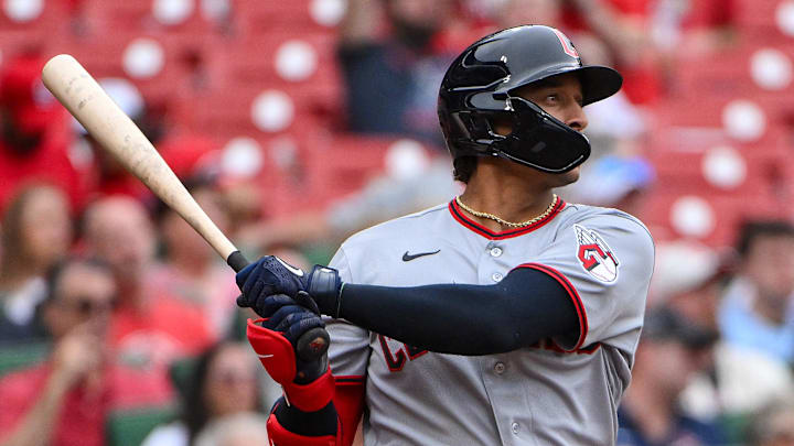 Apr 15, 2026; St. Louis, Missouri, USA; Cleveland Guardians catcher Bo Naylor (23) hits a two run double against the St. Louis Cardinals during the seventh inning at Busch Stadium. Players and coaches are wearing number 42 in recognition of Jackie Robinson Day. Mandatory Credit: Jeff Curry-Imagn Images