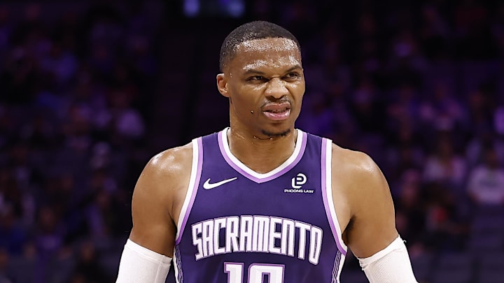 Nov 12, 2025; Sacramento, California, USA; Sacramento Kings guard Russell Westbrook (18) after a play against the Atlanta Hawks during the third quarter at Golden 1 Center. 