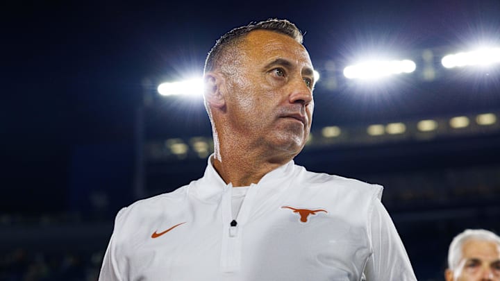 Texas Longhorns head coach Steve Sarkisian is interviewed by the media after the game against the Kentucky Wildcats at Kroger Field. 