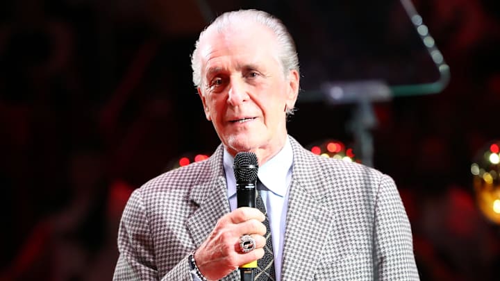 Miami Heat president Pat Riley speaks (Mandatory Credit: Kim Klement-Imagn Images)