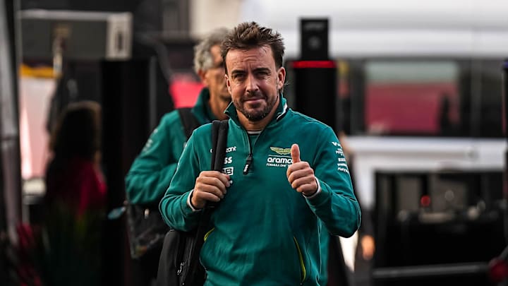 Aston Martin driver Fernando Alonso arrives in the paddock at the Formula 1 Pirelli United States Grand Prix at Circuit of the Americas on Friday, Oct. 18, 2024.