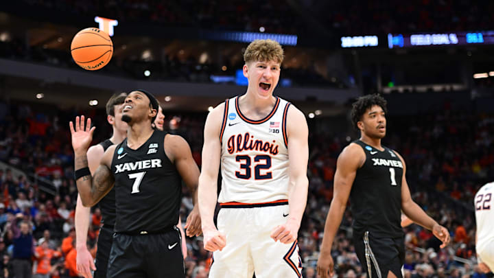 Mar 21, 2025; Milwaukee, WI, USA: Illinois Fighting Illini guard Kasparas Jakucionis (32) reacts during the second half against the Xavier Musketeers at Fiserv Forum. Mandatory Credit: Benny Sieu-Imagn Images