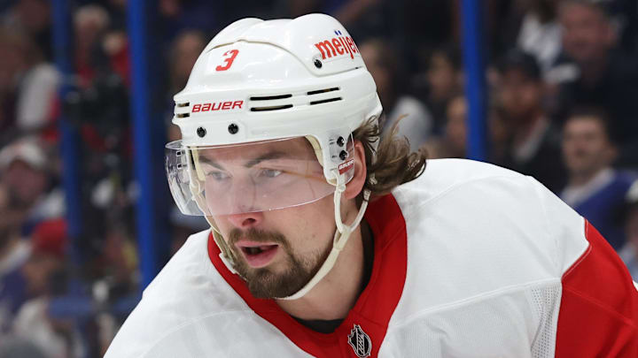 Apr 11, 2025; Tampa, Florida, USA; Detroit Red Wings defenseman Justin Holl (3) skates with the puck against the Tampa Bay Lightning during the first period at Amalie Arena. Mandatory Credit: Kim Klement Neitzel-Imagn Images Apr 11, 2025; Tampa, Florida, USA; Detroit Red Wings defenseman Justin Holl (3) skates with the puck against the Tampa Bay Lightning during the first period at Amalie Arena. Mandatory Credit: Kim Klement Neitzel-Imagn Images