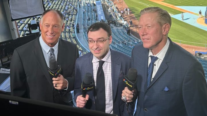 Jason Benetti worked with Luis Gonzalez(left) and Orel Hershiser in his first game as NBC’s lead play-by-play voice.