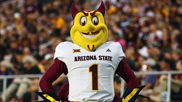 Sep 6, 2025; Starkville, Mississippi, USA; Arizona State Sun Devils mascot Sparky looks on during the first quarter against the Mississippi State Bulldogs at Davis Wade Stadium at Scott Field. Mandatory Credit: Petre Thomas-Imagn Images
