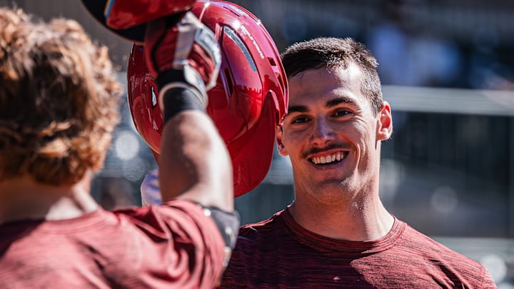 Arkansas third baseman Brent Iredale celebarates hitting a home run during fall ball 