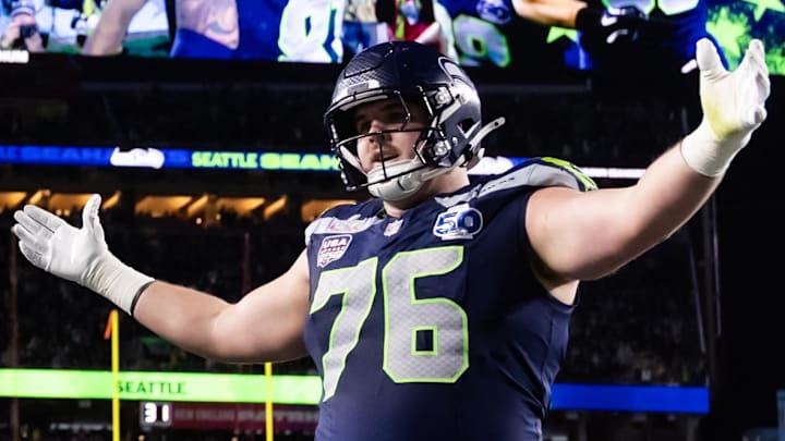 Feb 8, 2026; Santa Clara, CA, USA; Seattle Seahawks guard Grey Zabel (76) celebrates a touchdown against the New England Patriots during Super Bowl LX at Levi's Stadium.