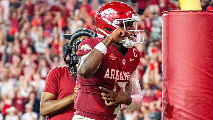 Arkansas Razorbacks quarterback KJ Jackson celebrates following a touchdown in the fourth quarter against Tulsa. Arkansas Razorbacks quarterback KJ Jackson celebrates following a touchdown in the fourth quarter against Tulsa.