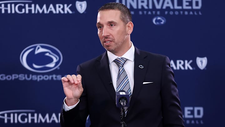 Dec 8, 2025; University Park, PA, USA; Matt Campbell is announced as the Penn State Nittany Lions new head coach during a press conference at the Beaver Stadium Press Room. Mandatory Credit: Matthew O'Haren-Imagn Images