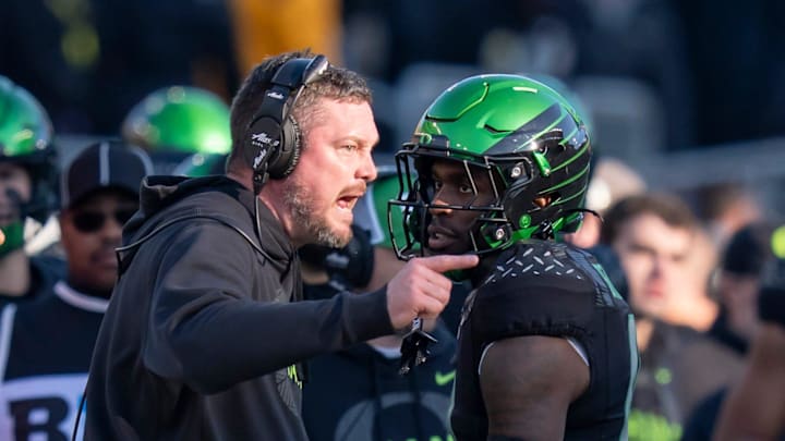 Oregon head coach Dan Lanning yells at Oregon wide receiver Malik Benson after Benson was called for unsportsmanlike conduct as the Oregon Ducks host the USC Trojans on Nov. 22, 2025, at Autzen Stadium in Eugene, Oregon.